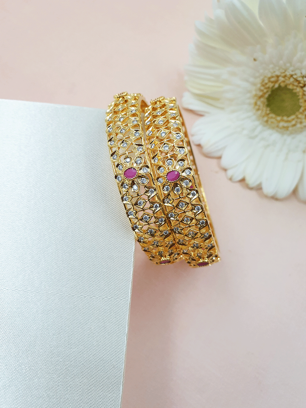Ruby Studded CZ Gold Plated Bangles - VCCBA1241