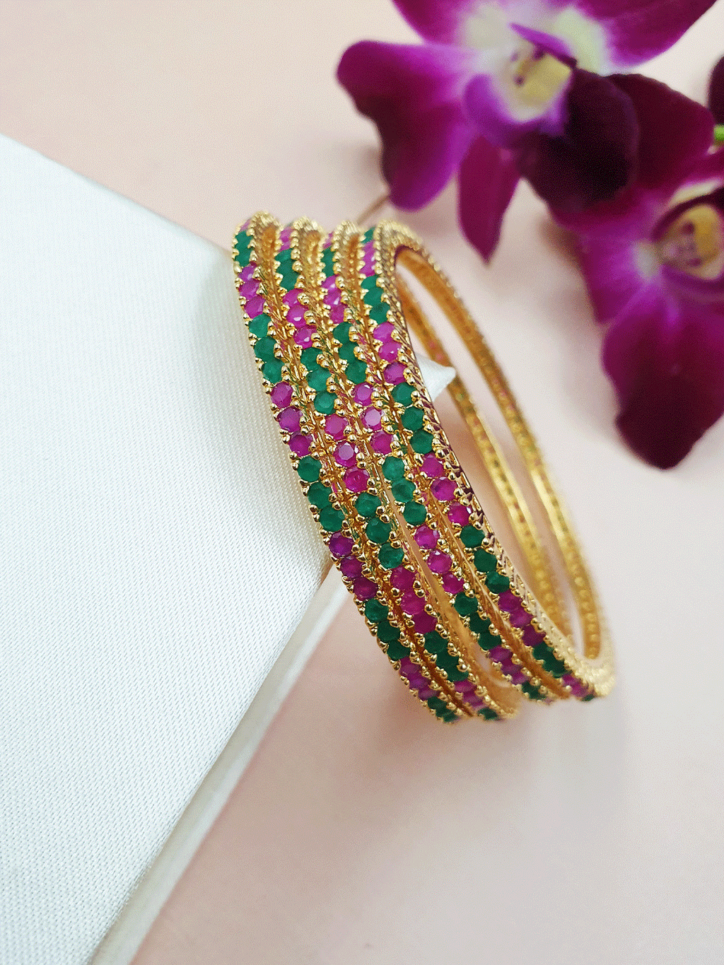 Ruby And Emerald Bangles - Set Of 4-VCCBA1058