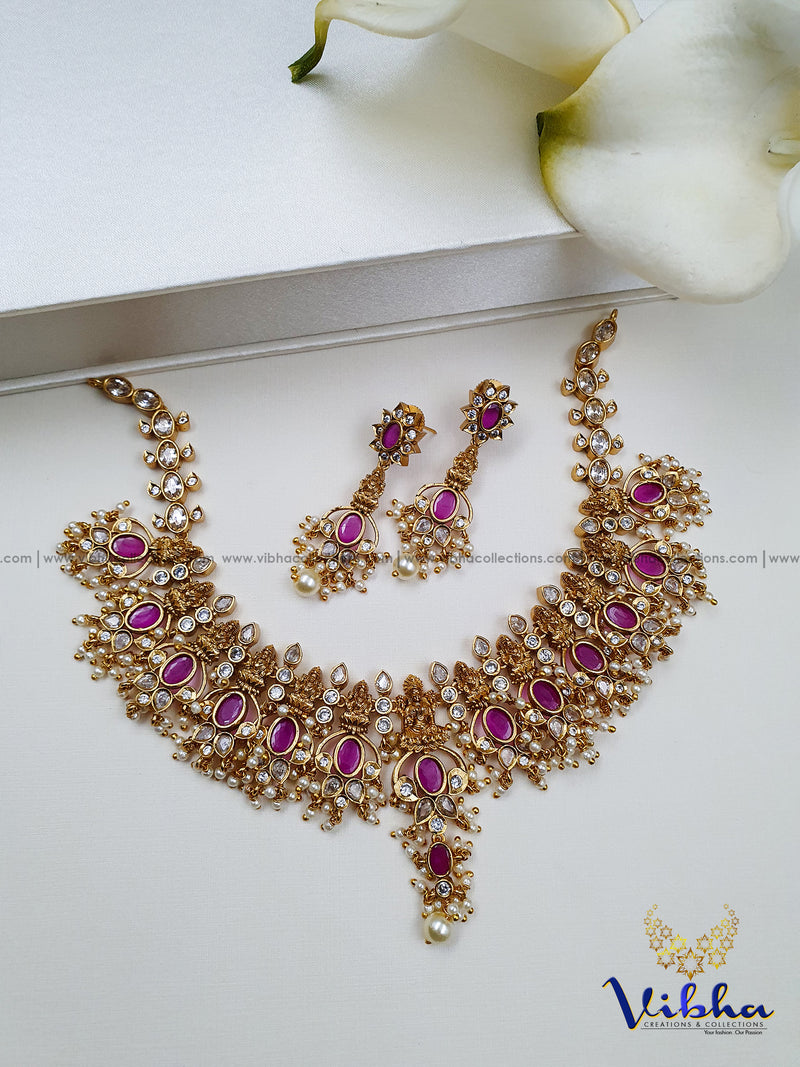 Kritika Ruby stone studded Lakshmi necklace - VCCNE5427