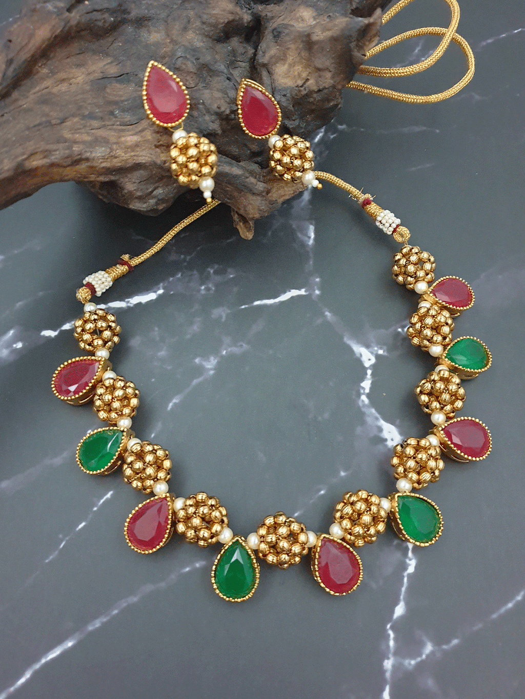 Antique beads and multi stone necklace with earrings  - VCCNE5472